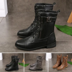 WOMENS LADIES FLAT LOW HEEL LACE UP ZIP COMBAT ARMY MILITARY ANKLE BOOTS SIZE - Picture 1 of 9