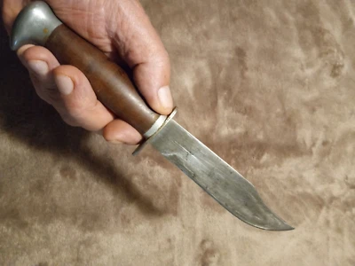 AIDACO,  RARE, - 9in. fixed blade knife with a Leather handle and Sheath, U.S.A. - Image 1 of 4