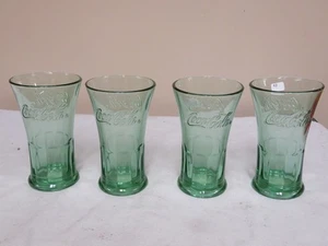 Vintage Coca-Cola- Heavy Flared Rim Green Libby Glasses - Set Of 4 - Picture 1 of 5