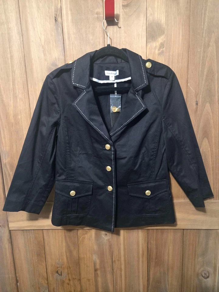 Blazer Joan Rivers Negro Botón Dorado Blanco Costura Mediano Nuevo con Etiquetas Foto 1 de 4