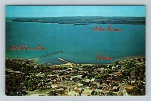 Petoskey MI-Michigan, vista aérea al lago y ciudad, postal vintage - Imagen 1 de 2