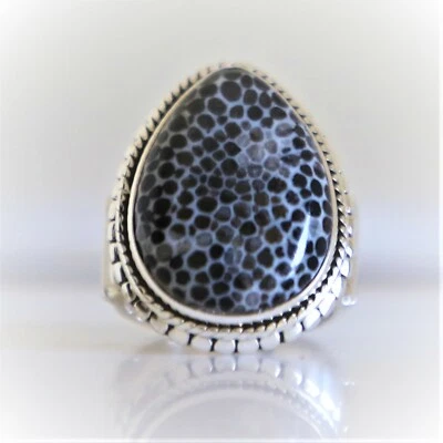 ANILLO JOYERÍA HECHO A MANO PLATA ESTERLINA 925 PIEDRAS PRECIOSAS NATURALES CORAL NEGRO 3 A 12 Foto 1 de 4