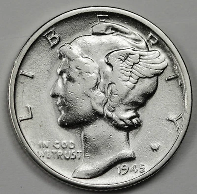 1945-s Mercury Head Dime.  Error.  Micro "s" Mint Mark. High Grade. (Inventory) - Image 1 of 2
