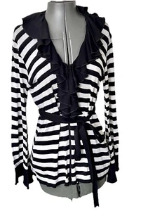 Anne Fontaine Designer Black White Stripe Ruffle Front Zip Cardigan Fr40/uk12 - Picture 1 of 11
