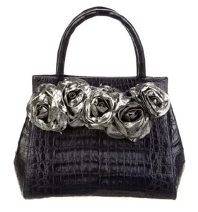 $4000 NANCY GONZALEZ CROCODILE BAG FLOWER EMBELLISHED NAVY - Picture 1 of 5