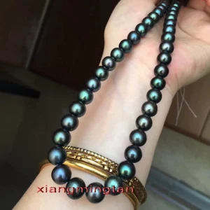 AAAAA LUSTER 18"10-11mm REAL natural round TAHITIAN black pearl necklace 14k - Picture 1 of 7