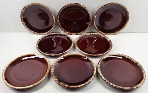 8 Hull Brown Drip Bread Plates Set Vintage House Garden Mirror Glazed Dishes Lot - Picture 1 of 24
