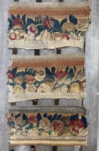 Three Antique Tapestry Fragment w/ Fruits and Flowers - Picture 1 of 8