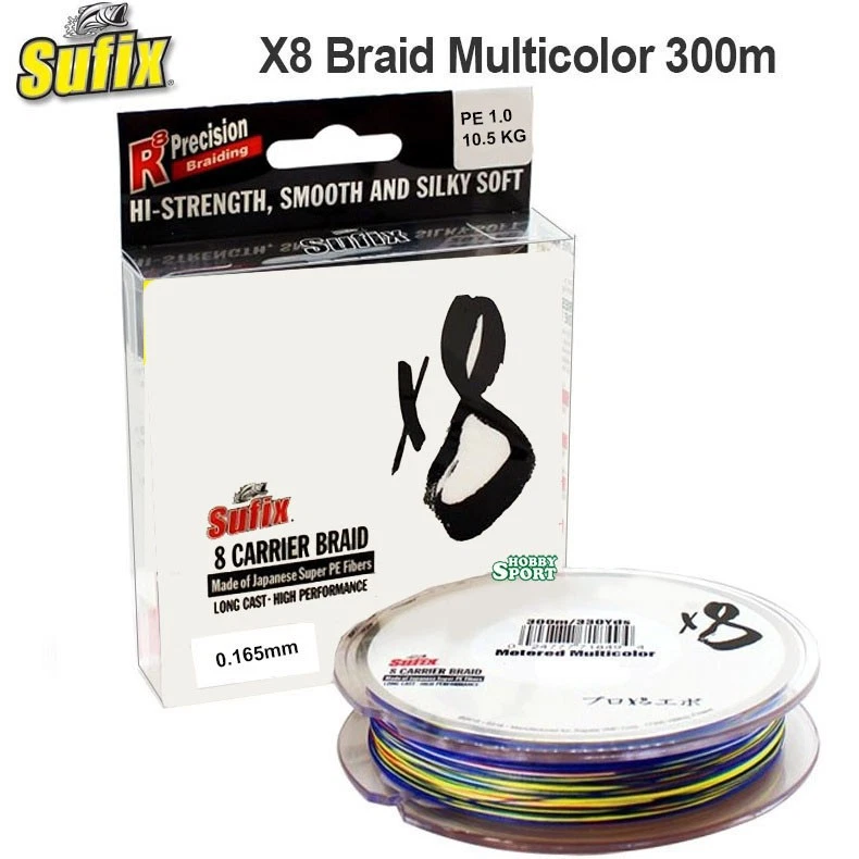 SUFIX X8 TRECCIATO MULTICOLOR 300 MT DIAM. 0 165 MM 8 CARRIER PE 1 BRAID METERED
