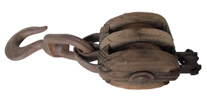 Antique Hand Forged Metal and Wood Block and Tackle Double Pulley - Picture 1 of 7