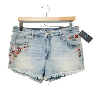 Mossimo Womens Denim Shorts Fringe Sz 16 33 Waist Embroidered Flower High Rise - Picture 1 of 11