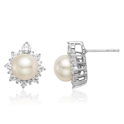 14K Solid White Gold Lab Diamond Freshwater Cultured Pearl Stud Earrings - Image 1 of 4