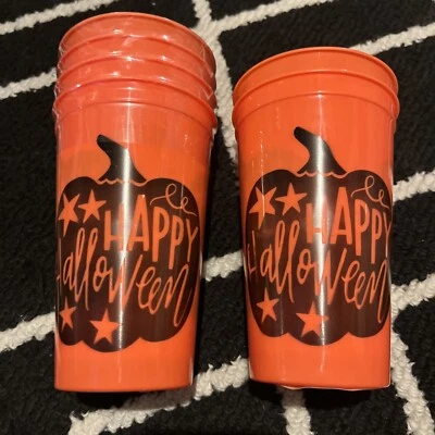 NEW Lot 6 Plastic Orange Happy Halloween Cups Tumblers Pumpkin Party 19.2 Oz - Image 1 of 4