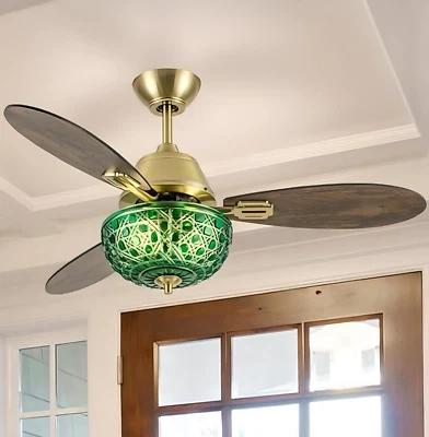 Ceiling Fan Brass Finish Emerald Green Glass Mosaic Shade-Remote,3-Blade,42in - Image 1 of 4