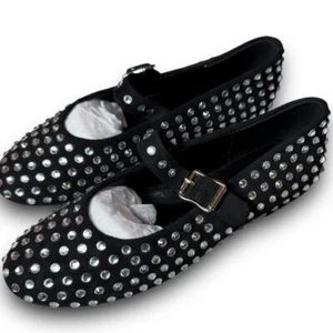 Edgy Black Mary Jane Flats with Silver Studded Crystal Rhinestones Size 7.5 - Picture 1 of 15