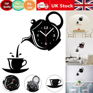 3D Coffee Cup Teapot Quartz Wall Clock Kitchen School Office Home DIY Sticker UK