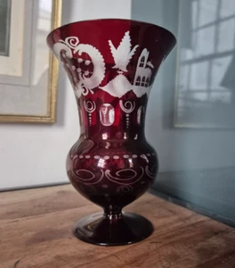 Vintage Egermann Ruby Red Cut to Clear Vase - Castle Grouse Pattern - Picture 1 of 16