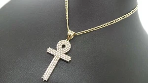 10K 2TONE HOLLOW FIGARO LINK CHAIN 22" W/ CLUSTER CROSS PENDANT G118307 7.16 gr - Picture 1 of 11