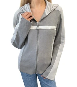 CHANEL Sport Vintage 04A CC Logo Zip Hoodie Top #42 Jacket Gray White Wool - Picture 1 of 12