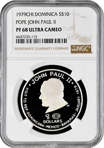 Dominica $10 1979, NGC PF68 UC, "Visit by Pope John Paul II" TopPop 1/0 - Picture 1 of 2