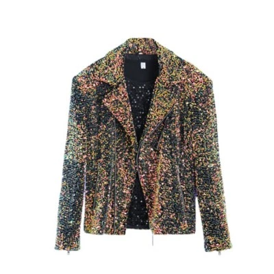 Men Dinner Party Glitter Sequin Coat Motorcycle Biker Jacket Oblique Zipper Coat - Image 1 of 4