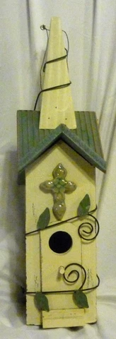 Beige & Green Vine Covered Church Style Wood Birdhouse Cover