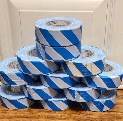 12 ROLLS 1-3/16" FLAGGING TAPE, FOR SURVEYING - BLUE AND WHITE STRIPE - Image 1 of 2