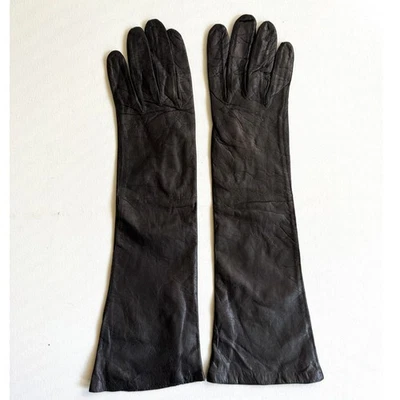 1950s West Germany Kid Leather Gloves Black 6.5 Elbow Length Mid Century - Image 1 of 4