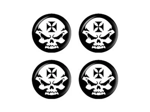 Iron Maltese Cross Biker Skull - Wheel Center Cap 3D Domed Set of 4 Stickers - Picture 1 of 1