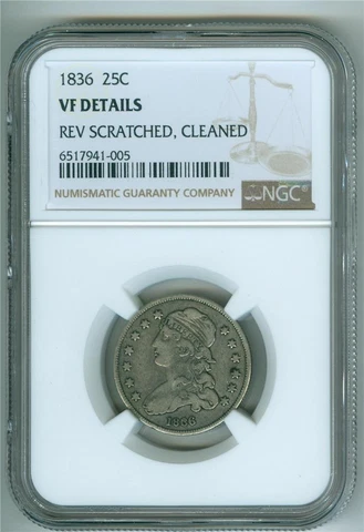 U.S. 1836 CAPPED BUST QUARTER NGC VF DETAILS REV SCRATCHED, CLEANED Cover