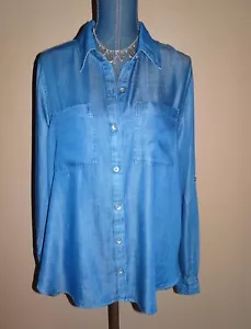 Top denim Knox Rose Medium indaco con bottoni maniche a linguetta lyocell taglia L nuovo con etichette - Foto 1 di 5