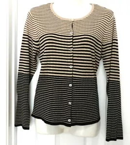 August Seidenpullover Gr. M Petite PM gestreift beige schwarz Strickjacke Knopfleiste - Bild 1 von 9