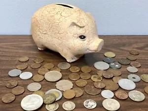 59 Coin Lot & Vintage 1980s Piggy Bank 6 Silver, 27 Copper Cents, 26 World Coins - Picture 1 of 24