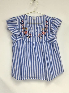 Womens Blue White Striped Floral Embroidered Ruffle Sleeve Peplum Blouse Small - Picture 1 of 9