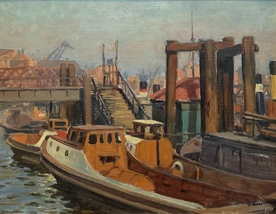 2. / 2  Wilhelm Hambüchen 1869Düsseldorf1939„Fischerboote im Düsseldorfer Hafen" - Bild 1 von 4