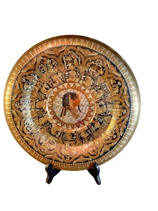 Vintage 14" Egyptian Revival Silver Copper Brass Round Tray Plate Y. H. ? VGUC - Picture 1 of 15