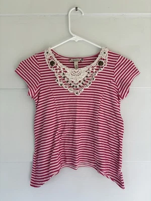 Speechless Junior Girls Medium Pink White Striped Shirt Embellished Sequins Top - Image 1 of 4