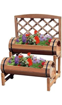 Wooden Garden Twin Barrel Patio Planter Garden Trellis Plant Stand For Climbing - Image 1 of 4