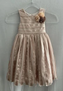Pippa & Julie Dress Girls 4 Tan Blush Floral Detail Striped Sequins Tie Back - Picture 1 of 7