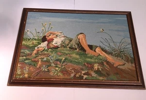 Tapiz de lona vintage hecho a mano con punta de aguja hombre durmiendo - Imagen 1 de 12