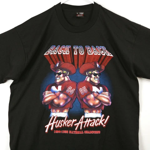 Vintage NOS Nebraska Huskers Back 2 Back 90s National Champions T-Shirt Black XL Cover