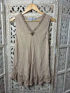 Raya Sun WMN's VintageY2K beige Large bead & yarn boho V-Neck Top good condition - Picture 1 of 3