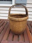 CHINESE WOVEN WILLOW RICE BASKET W INTERSECTING ELM WOOD HANDLE