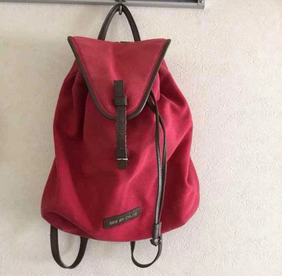 SEE BY CHLOE Backpack Logo Canvas Leather Red women's USED FROM JAPAN - Image 1 of 4