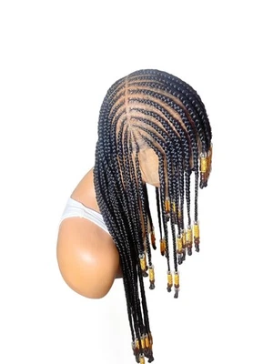 Peruca trançada de renda completa inspirada na África – Tranças de cornrow feitas à mão com miçangas - Imagem 1 de 4