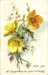 Postal de cumpleaños vintage Tucks flores amarillas arte en relieve - Imagen 1 de 2