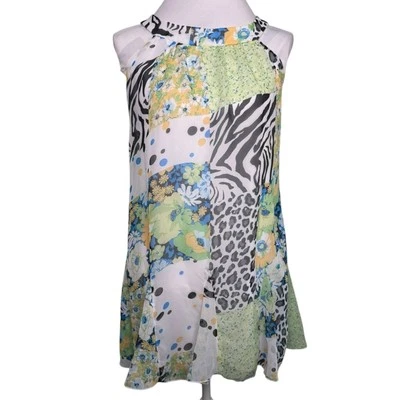 Vestido Floral HYPE Halter Fit Acampanado Blanco Verde Cebra Floral Lunares Amarillos Talla 16 Foto 1 de 4