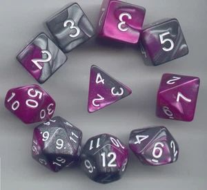 NEU RPG Würfel 10 Stück - Twisted Purple-Silber - 1 @ D4 D8 D10 D12 D20 D00-10 & 4 D6 - Bild 1 von 1