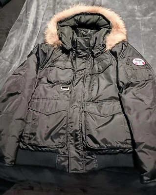 PAJAR DOWN ZACH BOMBER JACKET COYOTE FUR LINED HOOD Sz L Black - Image 1 of 4