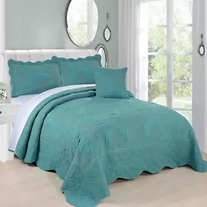 Damask 4 Piece Bedspread Set,Scalloped Edge Reversible Quilt Coverlet Comforter - Picture 1 of 6